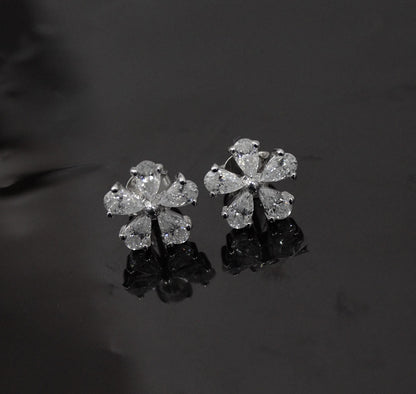 925 Sterling Silver Moissanite Tiny Floral Stud Earrings, Silver Stud Earrings for Her, Minimalist Pear Stud Earrings, Perfect Birthday Gift