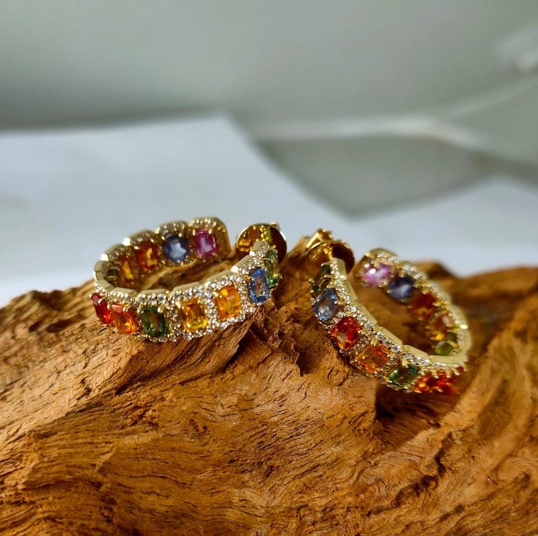 Natural Multi Sapphire Hoops Earring, Rainbow Sapphire & Moissanite Melee Stones Jewelry, Rainbow Ombre Gold Earrings, Huggies Earrings Gift