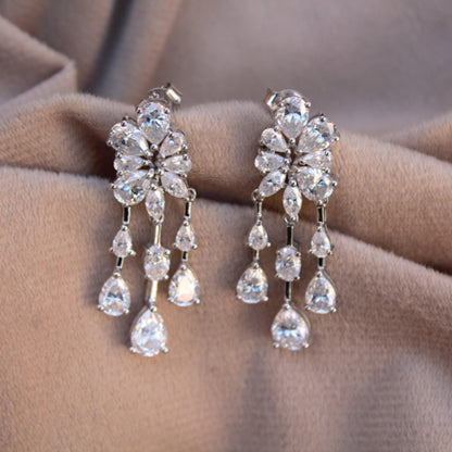 925 Sterling Silver Designer Earrings, Unique Moissanite Stud Dangle Earrings, Pear Cut Stone Earrings for Bride, Perfect for Wedding Gift