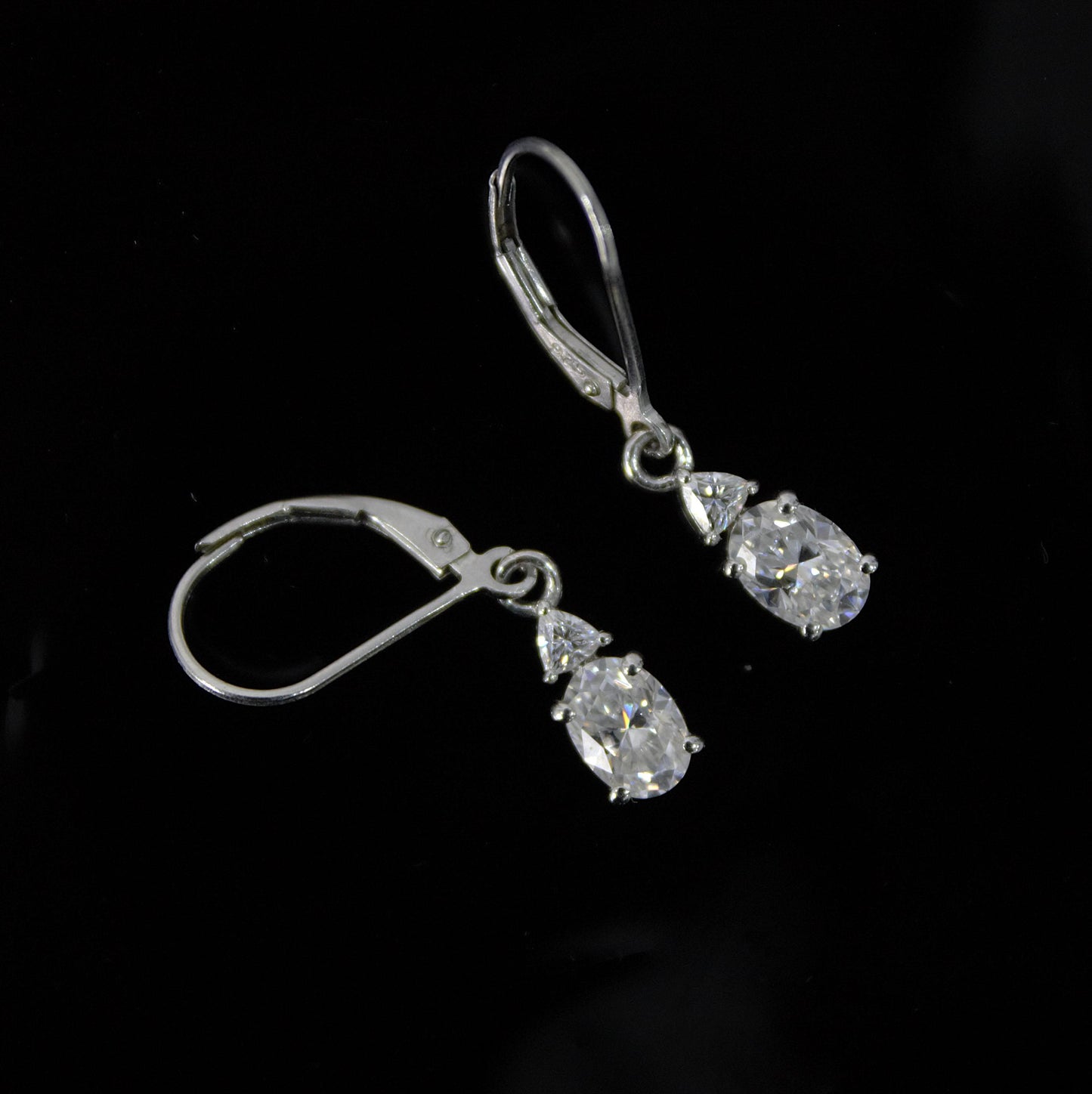 Oval and Trillion Cut Moissanite Earrings, 925 Sterling Silver Lever Back Earrings, Vintage Style Minimalist Earrings, White Stone Earrings