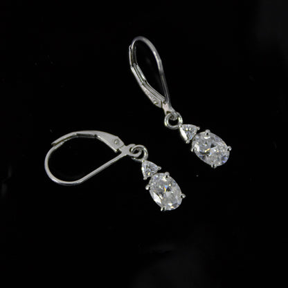 Oval and Trillion Cut Moissanite Earrings, 925 Sterling Silver Lever Back Earrings, Vintage Style Minimalist Earrings, White Stone Earrings