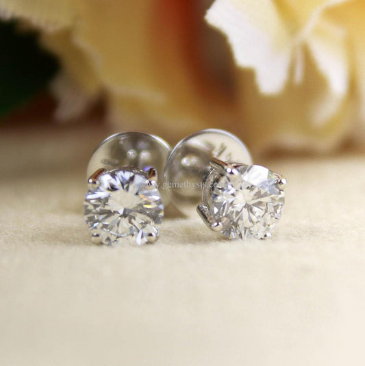 1 Carat Lab Grown Diamond Stud Earrings, 14k Solid Gold Stud Earrings, Everyday Lightweight Jewelry for Women, Solitaire Round Stud Earrings