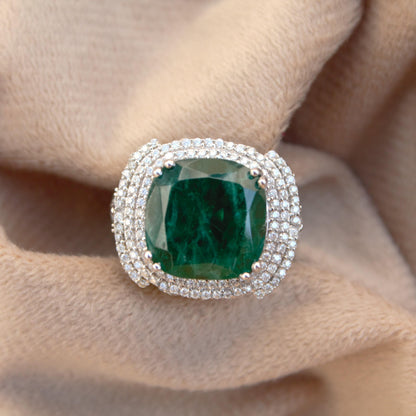 Green Inclusion Emerald with Moissanite Ring, 925 Sterling Silver Vintage Prong Set Ring, Victorian Style Ring, Halo Ring, Perfect for Gift