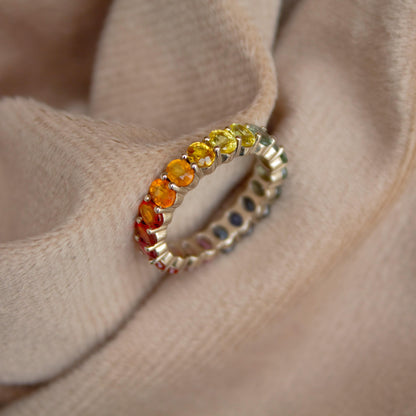 Rainbow Sapphire Eternity Band, 10K White Gold Ring, Full Eternity Ring, Trendy Stackable Band, Natural Multi Stone Ring, Gift for Women
