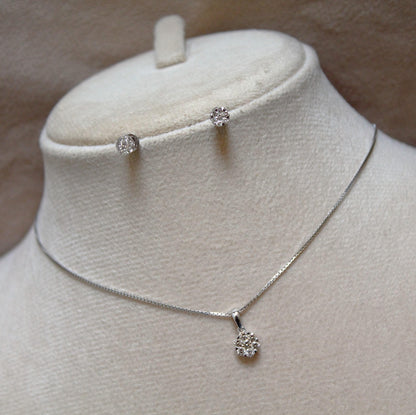 Solid 18K White Gold Diamond Jewelry, Solitaire Tiny Pendant Earring Set, Gold Chain Necklace Set, Perfect Graduation Gift for Daughter