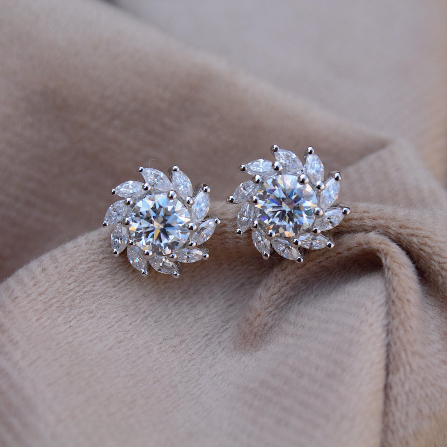 Moissanite Stud Earrings in 925 Sterling Silver, Marquise and Round Cut Stone Earrings, Floral Shape Earrings for Bride, White Stone Studs