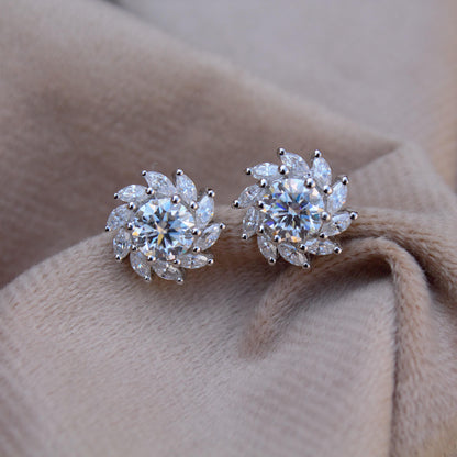 Moissanite Stud Earrings in 925 Sterling Silver, Marquise and Round Cut Stone Earrings, Floral Shape Earrings for Bride, White Stone Studs
