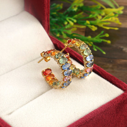 Rainbow Sapphire Hoop Earring, Natural Multi Sapphire & Moissanite Melee Stones Jewelry, Rainbow Ombre Gold Earring, Gradient Huggie Earring