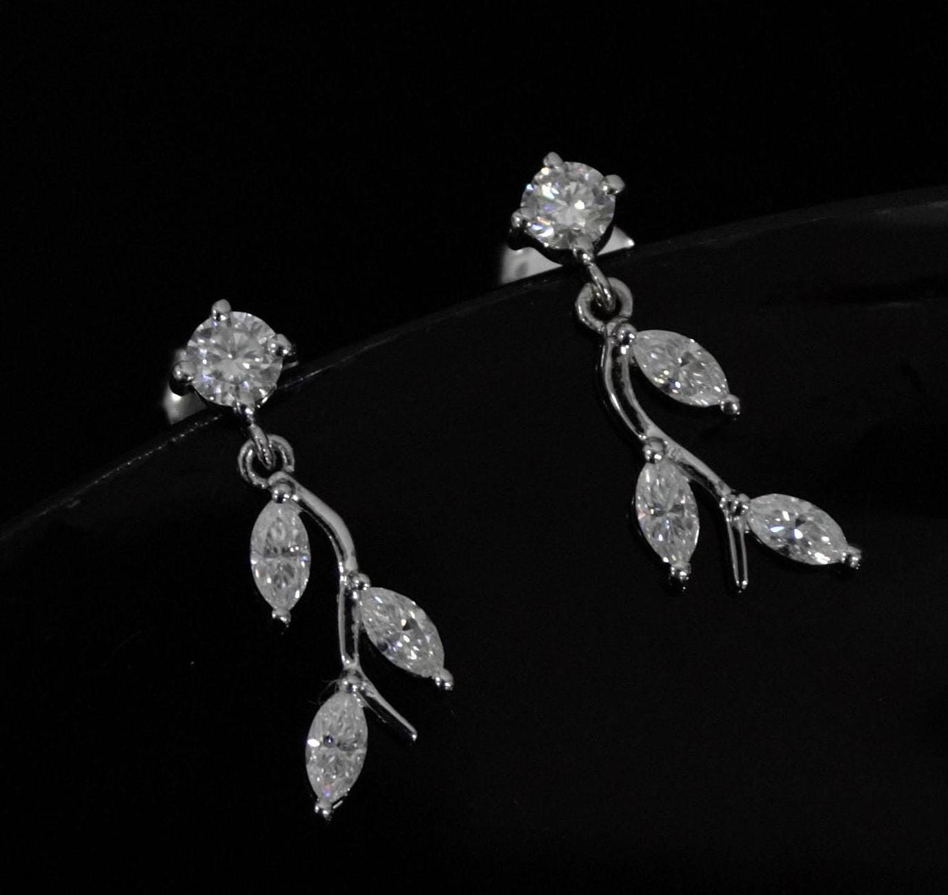 Moissanite Stud Dangle Earrings for Women, 925 Sterling Silver Earrings, Round and Marquise Stone Earrings, Colorless Moissanite Jewelry