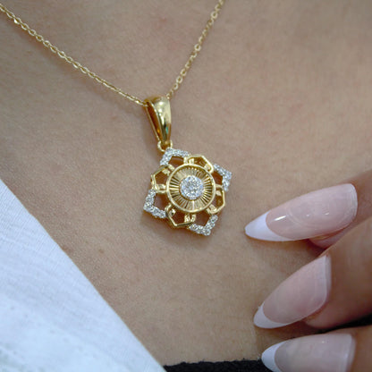 18k Yellow Gold Necklace with Earrings, Real Diamond Jewelry Set, Gold Diamond Jewelry for Her, Minimalist Charm Pendant with Chain and Stud