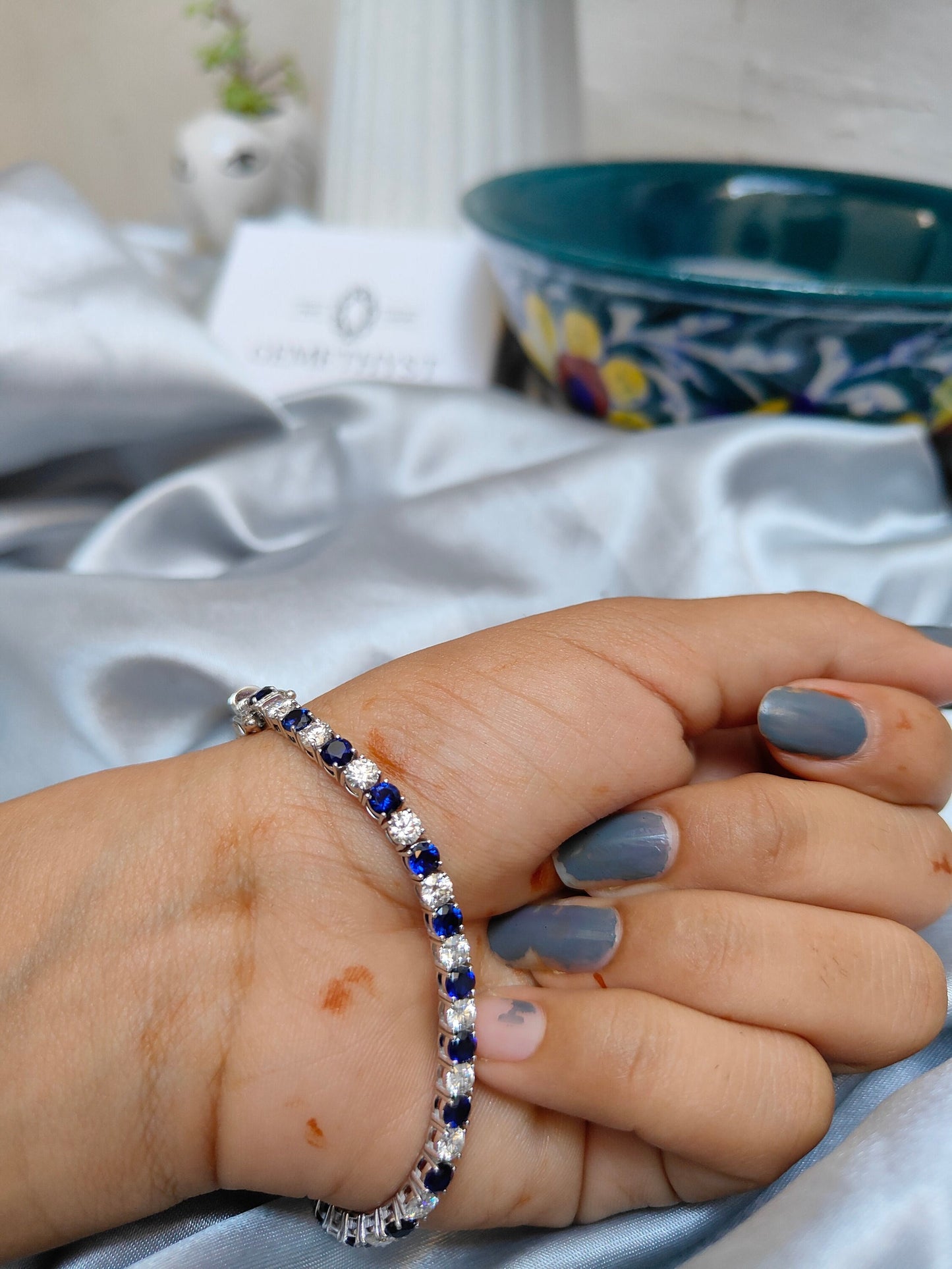 Moissanite and Lab Made Sapphire Bracelet, 3.5 mm Stones Bracelet, Moissanite Jewelry, Blue Sapphire Jewelry, Statement Elegant Bracelet