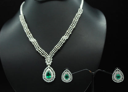 Emerald & Moissanite Necklace Earrings Set, 925 Sterling Silver Necklace, Anniversary Gift, Designer Jewelry, Wedding Necklace Set for Bride