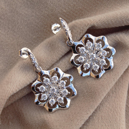 Floral Shape Moissanite Silver Earrings, 925 Sterling Silver Earrings for Women, Vintage Look Earrings, Flower Earrings, Anniversary Gift