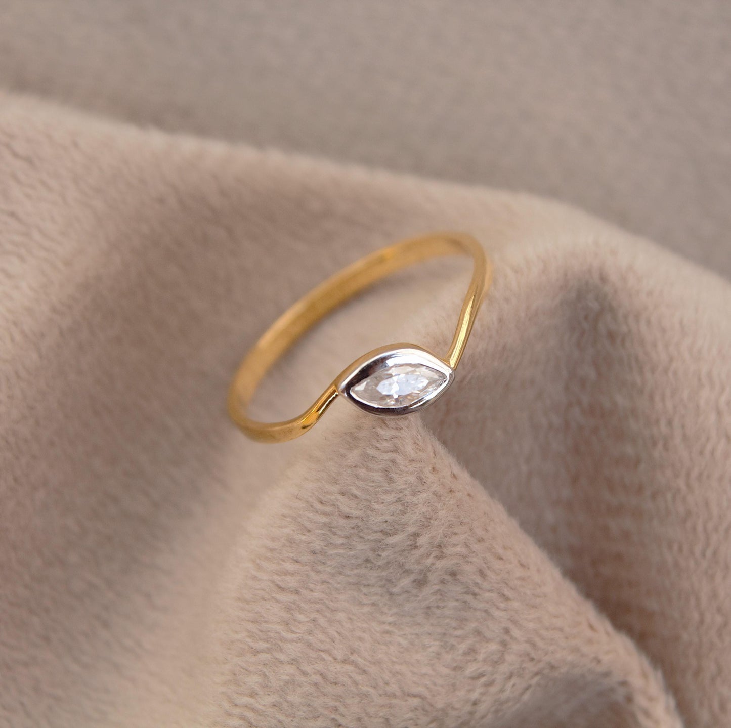 Marquise Cut Solitaire Ring, 18K Gold 1 Gram Moissanite Ring, Tiny Gold Moissanite Ring, Ideal Gift for Her, Bezel Setting Single Stone Ring