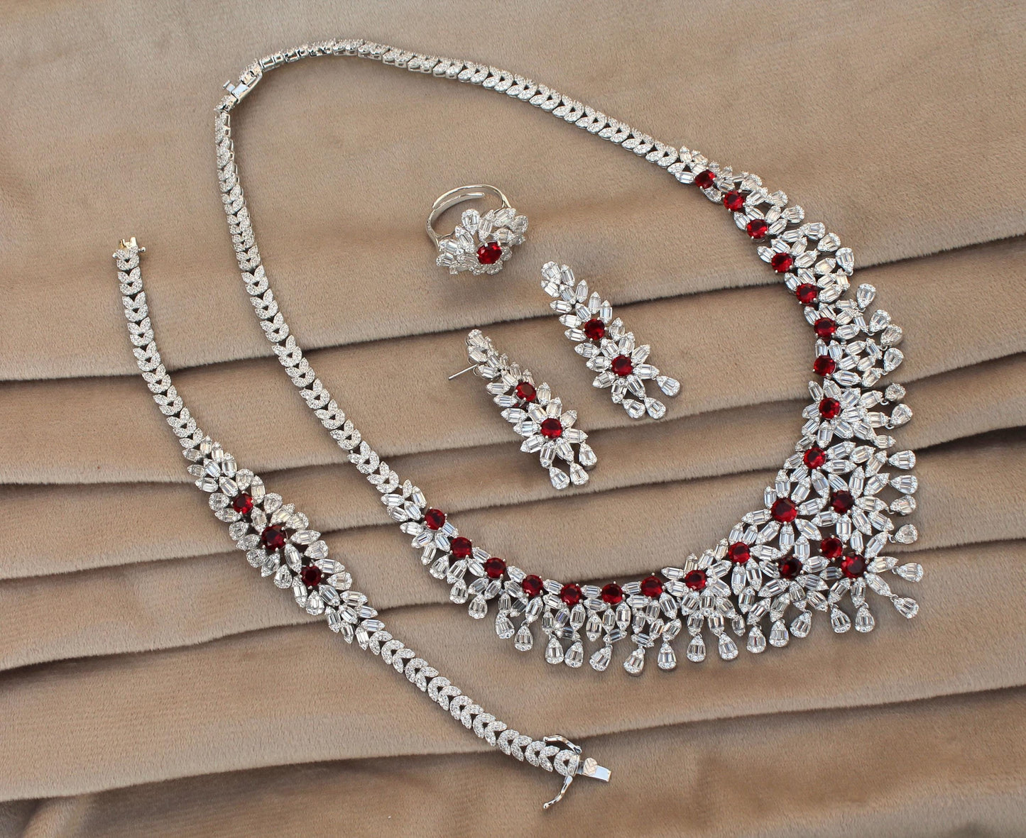 Amazing Silver Necklace Set, Statement Jewelry Set, Bridal Wedding Jewelry Premium Necklace- Earring-Ring-Bracelet Set