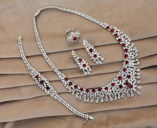 Amazing Silver Necklace Set, Statement Jewelry Set, Bridal Wedding Jewelry Premium Necklace- Earring-Ring-Bracelet Set