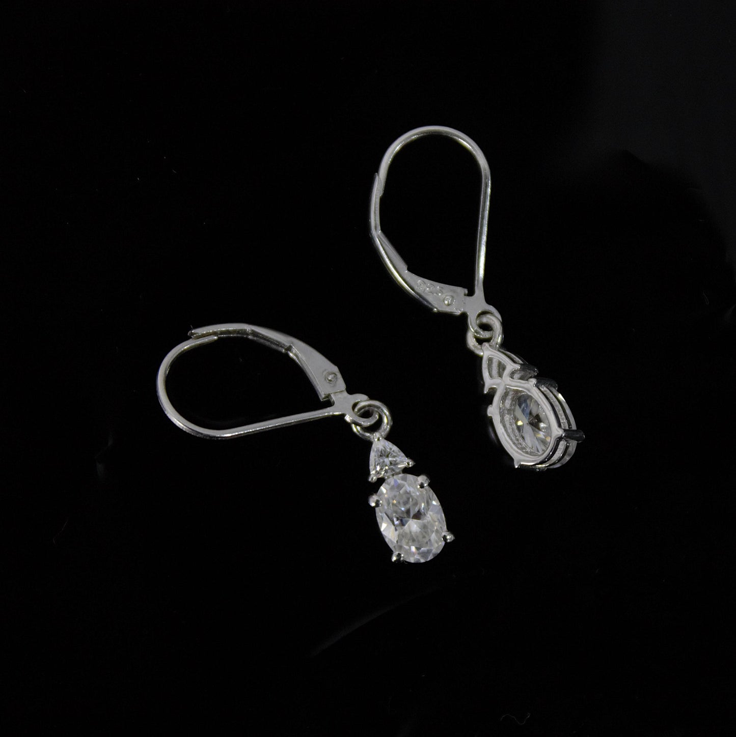 Oval and Trillion Cut Moissanite Earrings, 925 Sterling Silver Lever Back Earrings, Vintage Style Minimalist Earrings, White Stone Earrings