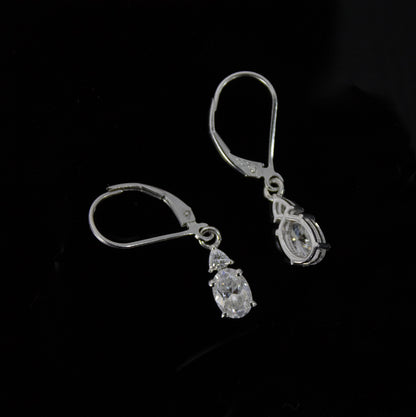 Oval and Trillion Cut Moissanite Earrings, 925 Sterling Silver Lever Back Earrings, Vintage Style Minimalist Earrings, White Stone Earrings