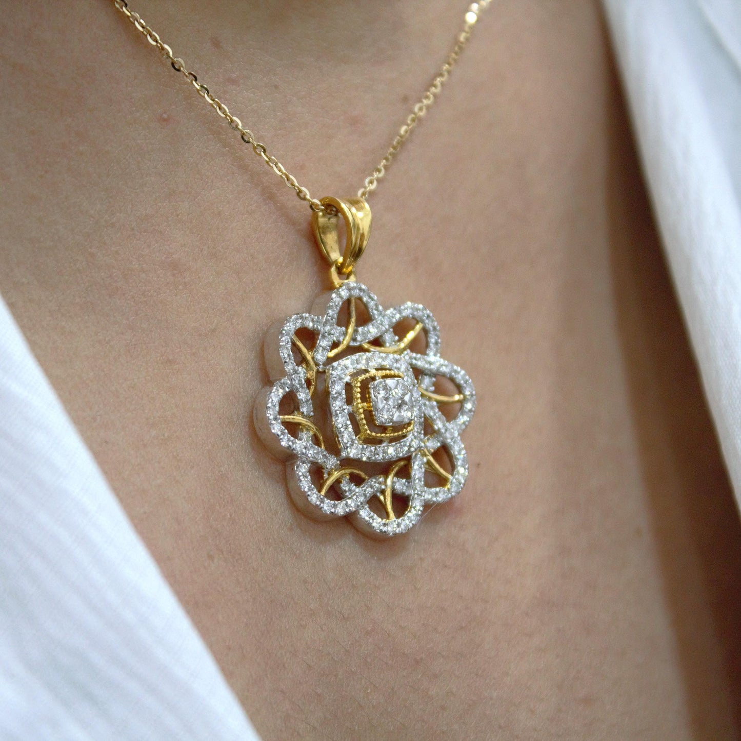 18k Yellow Gold Designer Necklace Earrings Set, Real Diamond Jewelry Set for Bridesmaids, Halo Jewelry in Gold, Anniversary Gift for Wife