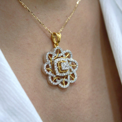 18k Yellow Gold Designer Necklace Earrings Set, Real Diamond Jewelry Set for Bridesmaids, Halo Jewelry in Gold, Anniversary Gift for Wife