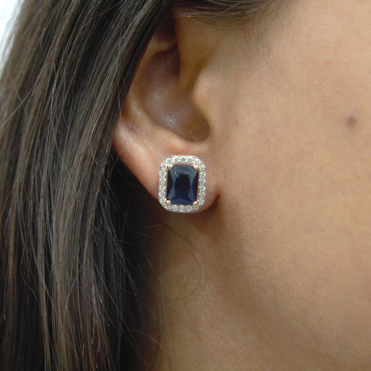 Blue Sapphire with Real Diamond Jewelry Set, 18k Rose Gold Solitaire Halo Pendant with Stud Earrings, Emerald Cut Necklace Earrings Set