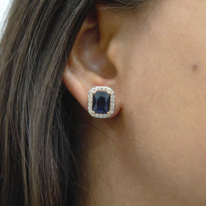 Blue Sapphire with Real Diamond Jewelry Set, 18k Rose Gold Solitaire Halo Pendant with Stud Earrings, Emerald Cut Necklace Earrings Set