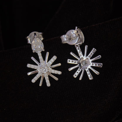 Moissanite Cluster Flower Stud Dangle Earrings, Designer Party Wear Earrings, Floral Shape Earrings for Women, Vintage Earrings in Silver