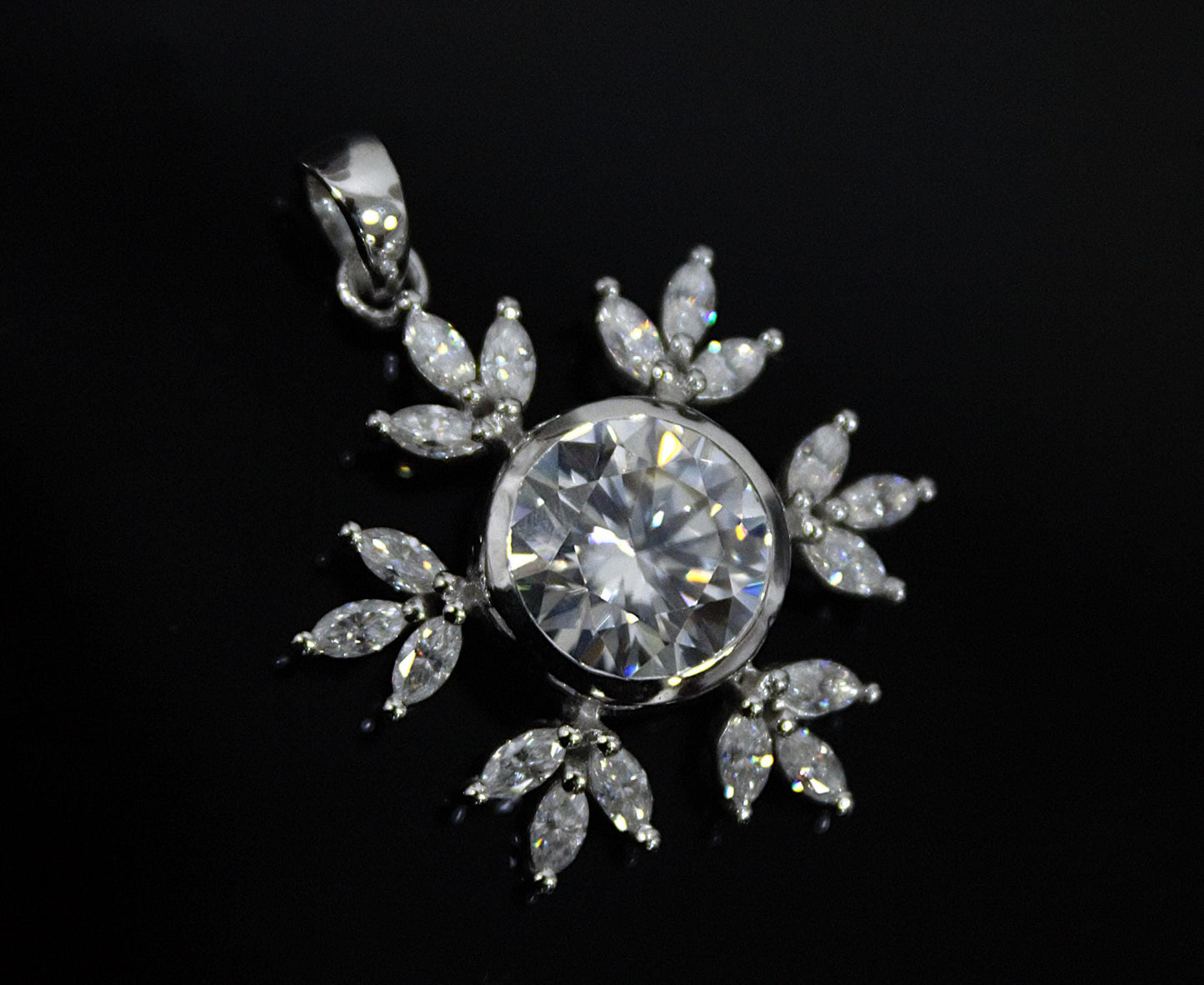 Colorless Moissanite 925 Sterling Silver Pendant for Chain, Floral Design Pendant, Marquise and Round Cut Stone Pendant, Birthday Gift