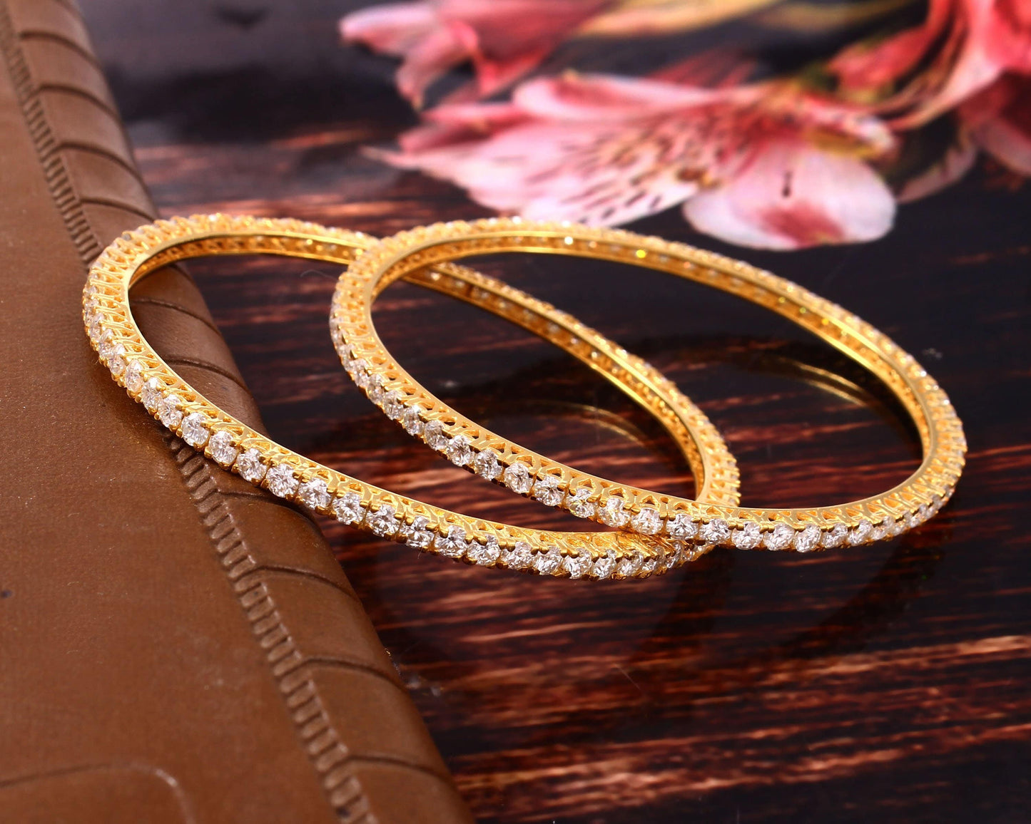 Moissanite Cut Stone Bangles, 3 MM Moissanite Gold Bangles, Standard Size Bangles, Traditional Jewelry for Bride, Statement Gold Bangles