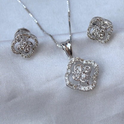 Solitaire Halo Diamond Jewelry Set, 18k White Gold Real Diamond Necklace with Earrings, Dainty Charm Pendant with Stud Earrings for Women