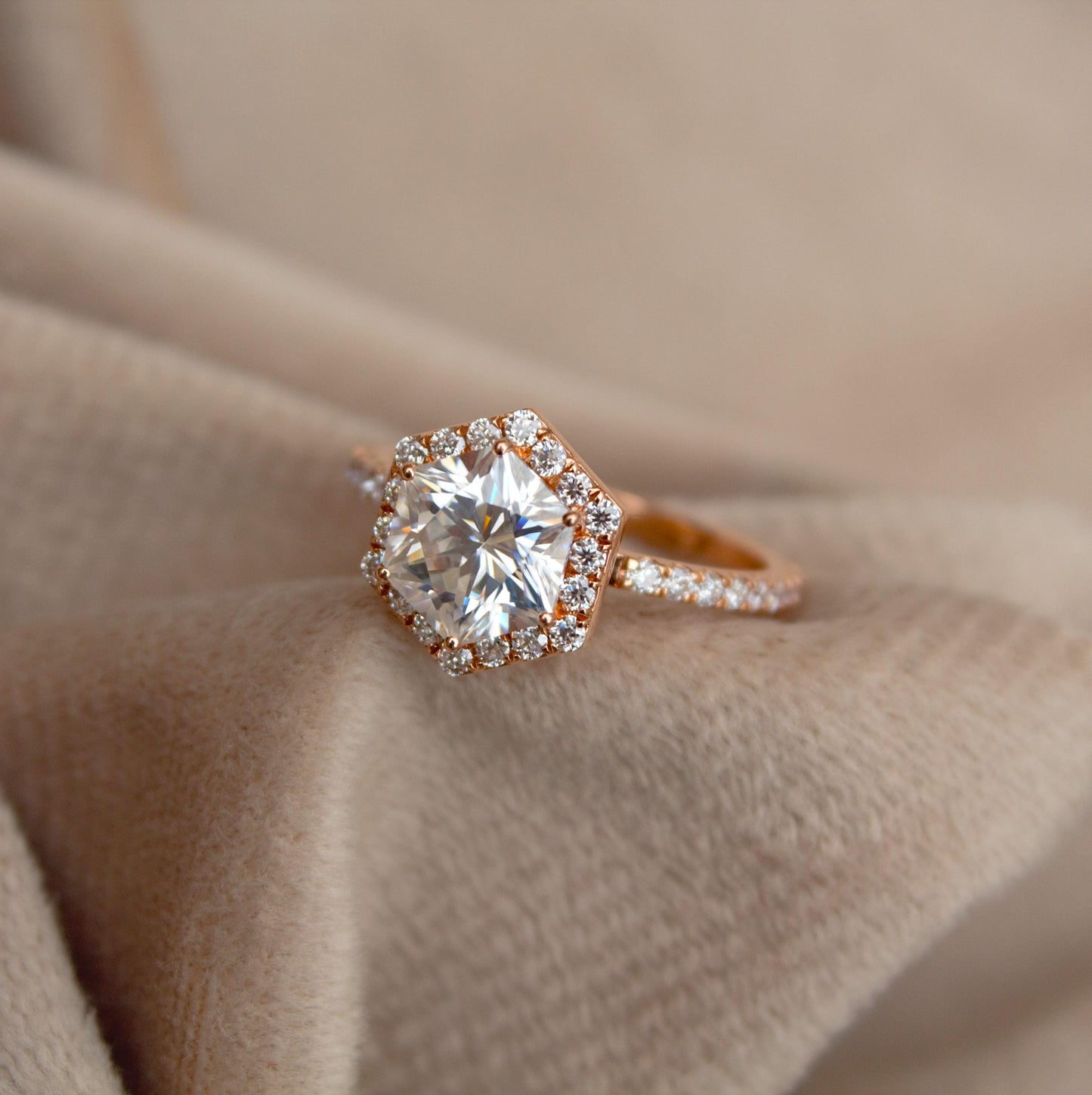 14K Rose Gold Moissanite Ring, Hexagon Ring, Art Deco Wedding Ring, Promise Ring, Vintage Halo Ring, Delicate Moissanite Gold Ring For Wife