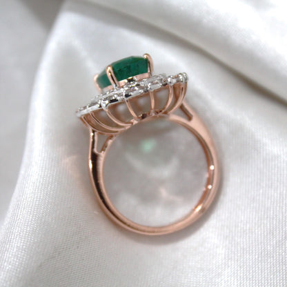 Natural Emerald with Natural Diamonds, Solid Rose Gold Ring for Birthday Gift, Elegant Real Diamond with Real Gold Ring