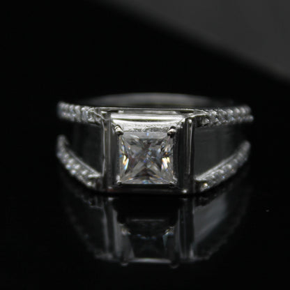 Princess Cut With Side Round Moissanite Ring, Men's Wedding Ring, Unique Silver Ring, Moissanite Jewelry for Him, 925 Sterling Silver Ring