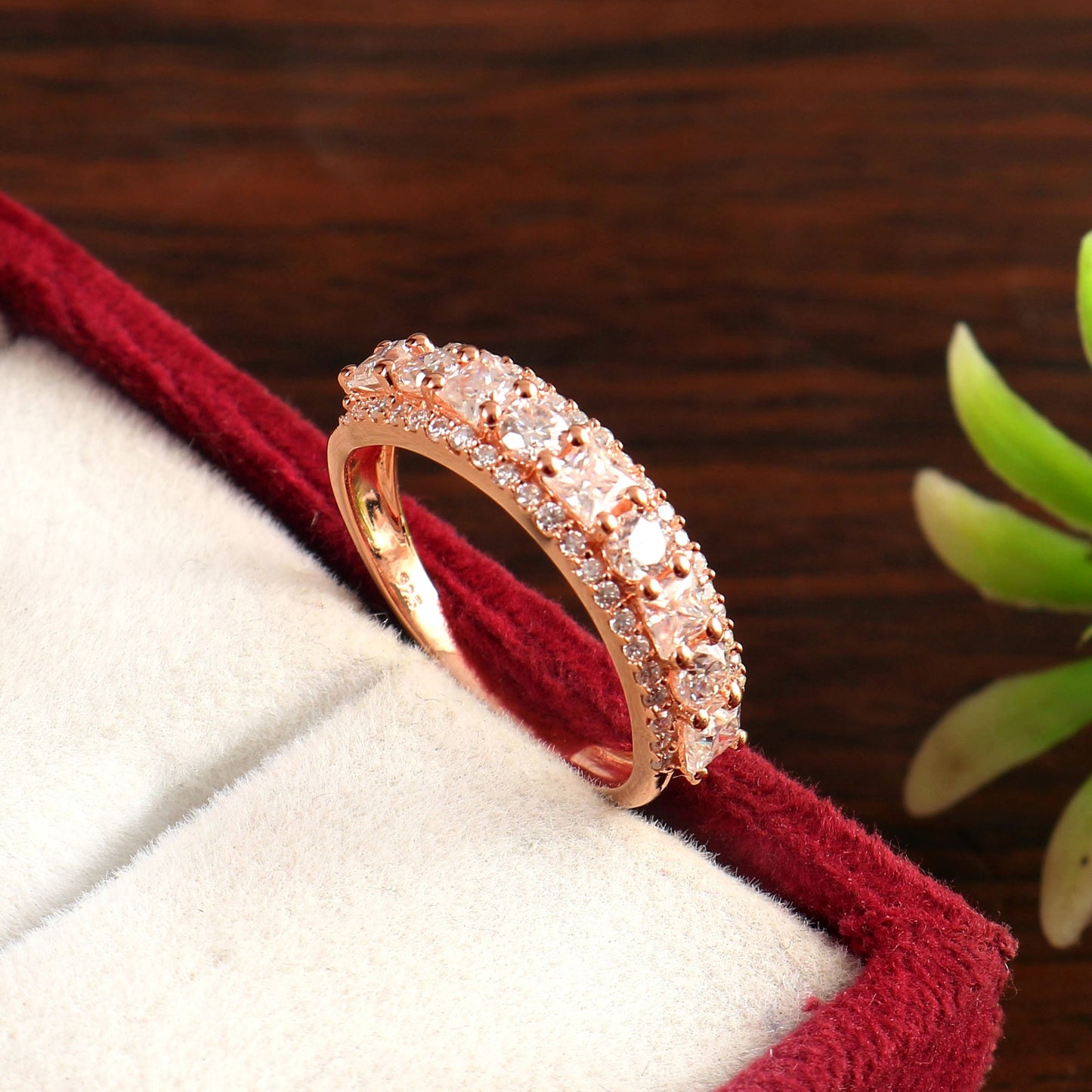 Round Cut Moissanite Half Eternity Ring, Minimalist Proposal Ring, 14K-18K Solid Gold Ring, Solitaire Gold Ring, Dainty Ring For Engagement