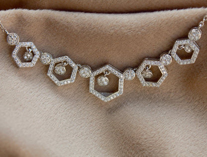 Sterling Silver Moissanite Necklace, Hexagon Shape Necklace, 925 Silver Chain Necklace for Bridesmaids, Designer Silver Necklace Jewelry