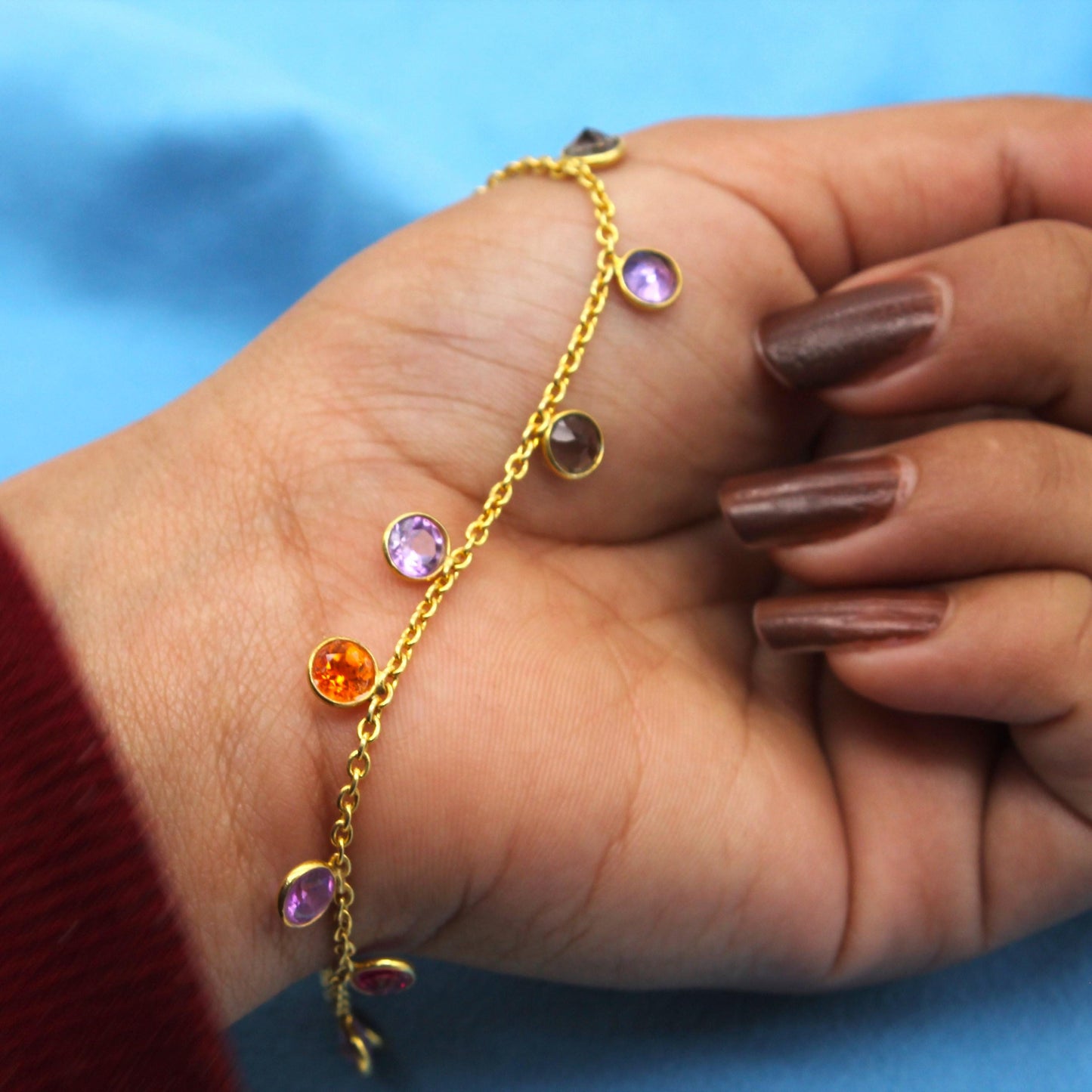 Multi Sapphire Bracelet and Necklace Set, 925 Sterling Silver Jewelry, Lab Made Sapphire Jewelry, Handmade Dainty Necklace, Gift for Wife