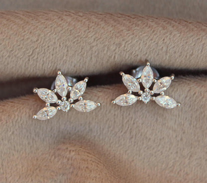 Half Flower Elegant Moissanite Stud Earrings, 925 Sterling Silver Marquise Stud Earrings, Minimalist Perfect Wedding Jewelry, Beautiful Stud