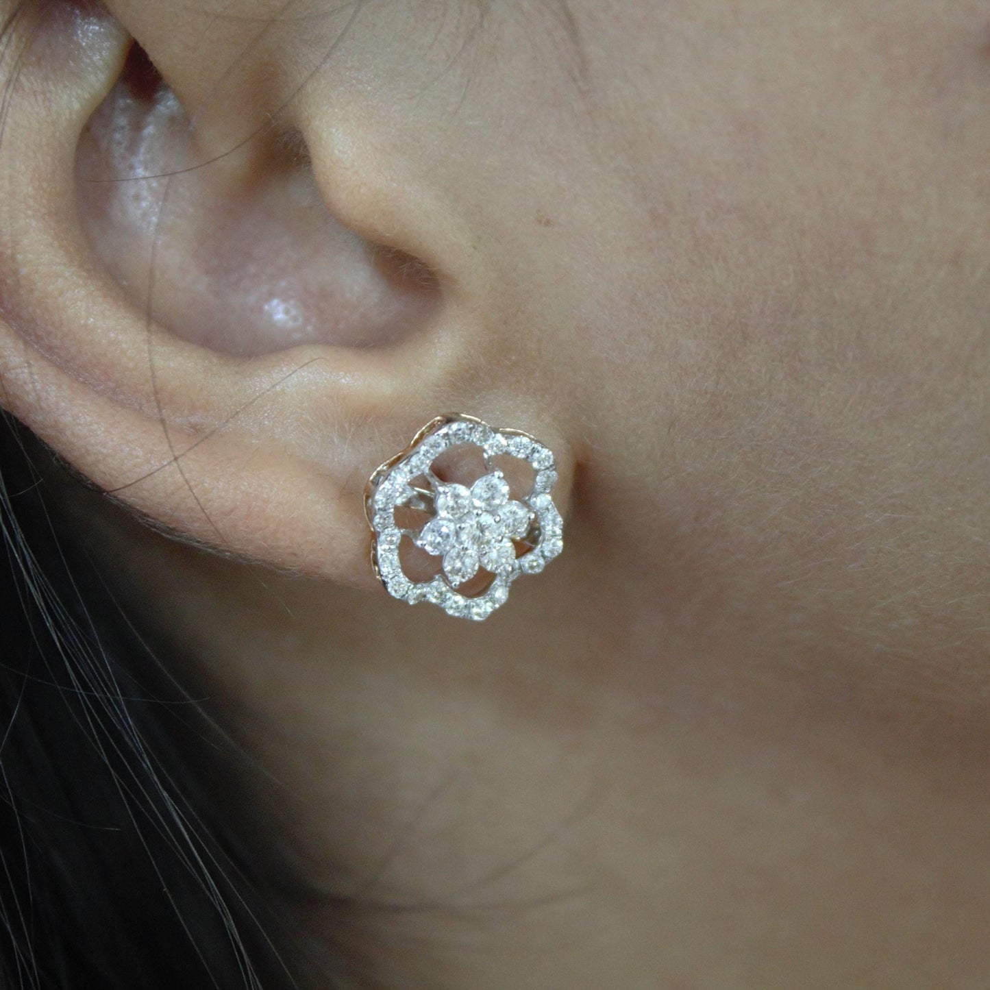 Floral Shape Gold Diamond Jewelry Set, 18k Rose Gold Chain Pendant with Stud Earrings, Real Diamond Bridal Jewelry Set for Wedding Gift