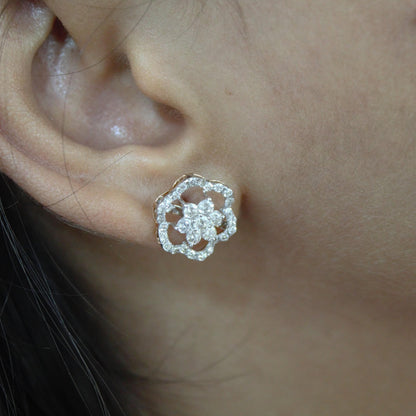 Floral Shape Gold Diamond Jewelry Set, 18k Rose Gold Chain Pendant with Stud Earrings, Real Diamond Bridal Jewelry Set for Wedding Gift