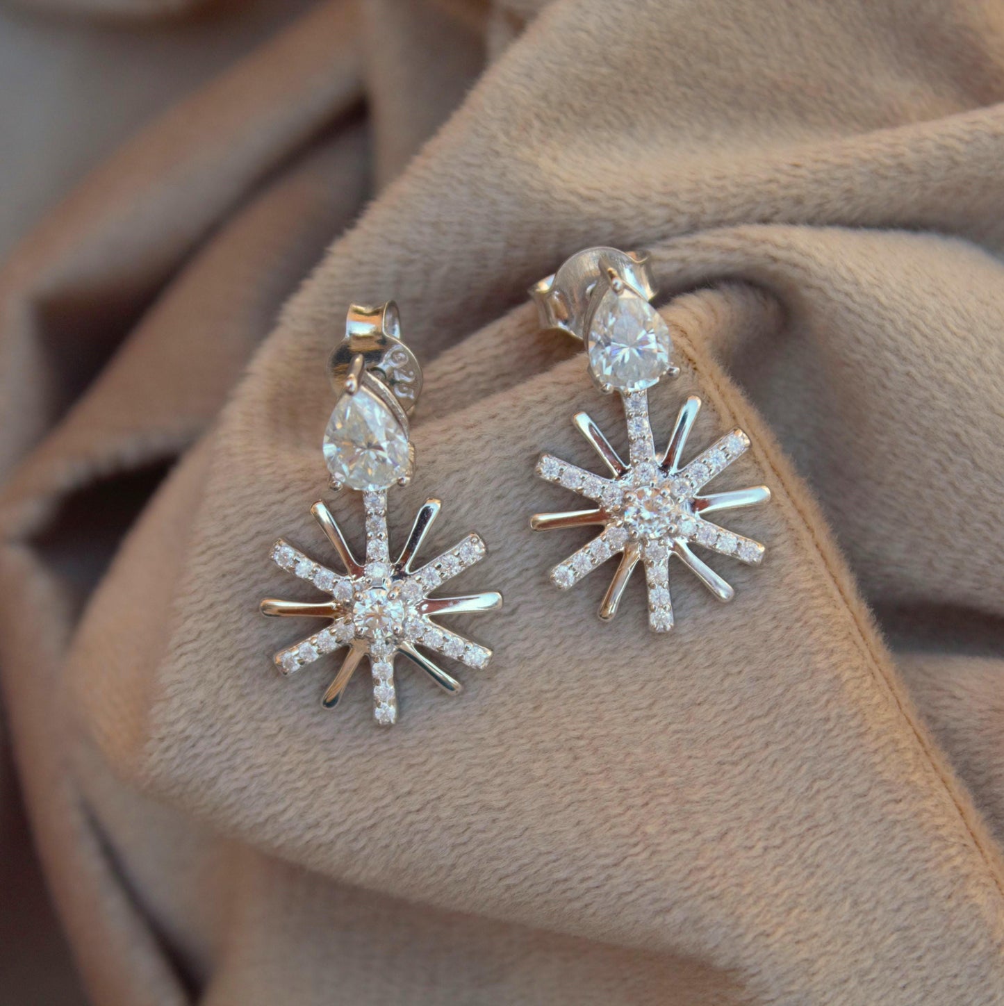 Moissanite Cluster Flower Stud Dangle Earrings, Designer Party Wear Earrings, Floral Shape Earrings for Women, Vintage Earrings in Silver