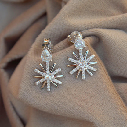 Moissanite Cluster Flower Stud Dangle Earrings, Designer Party Wear Earrings, Floral Shape Earrings for Women, Vintage Earrings in Silver