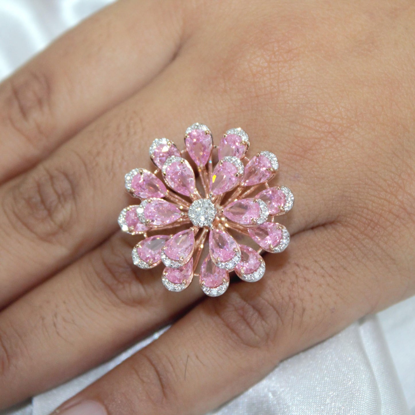 Pink Sapphire & Natural Diamond Flower Ring, Solid Gold Statement Jewelry, Elegant Natural Diamond Ring, Floral Fine Jewelry Gift for Women