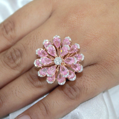 Pink Sapphire & Natural Diamond Flower Ring, Solid Gold Statement Jewelry, Elegant Natural Diamond Ring, Floral Fine Jewelry Gift for Women