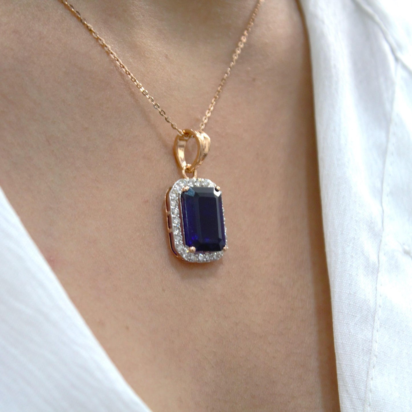 Blue Sapphire with Real Diamond Jewelry Set, 18k Rose Gold Solitaire Halo Pendant with Stud Earrings, Emerald Cut Necklace Earrings Set