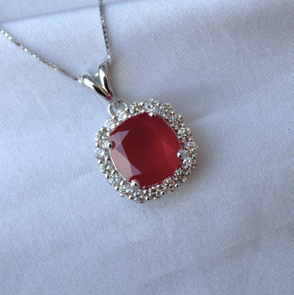 Cushion Ruby with Natural Diamond Jewelry Set, Solitaire Halo Pendant with Stud Earrings, 18k White Gold Jewelry, Engagement Gift for Bride