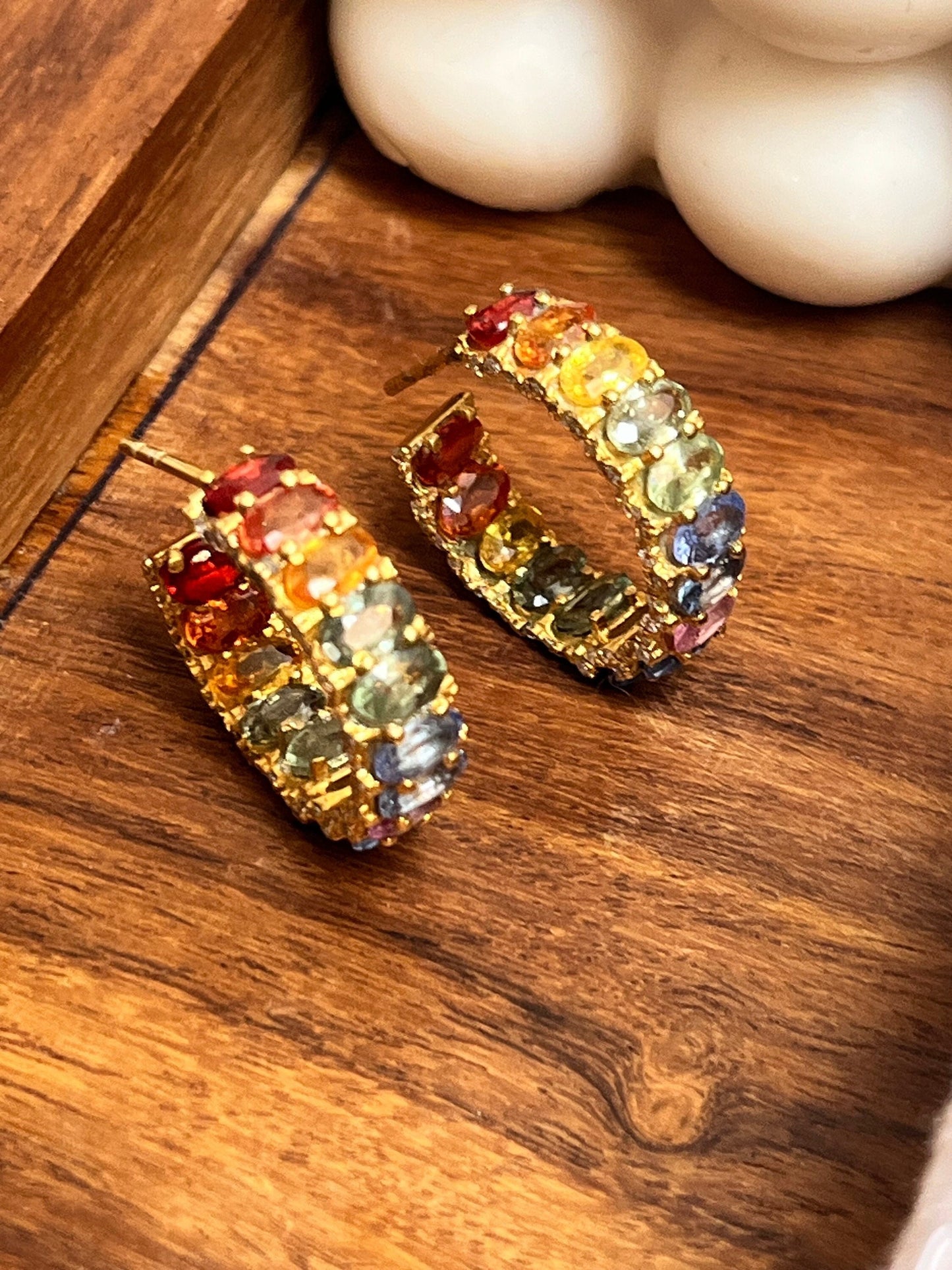 Rainbow Sapphire Hoop Earring, Natural Multi Sapphire & Moissanite Melee Stones Jewelry, Rainbow Ombre Gold Earring, Gradient Huggie Earring