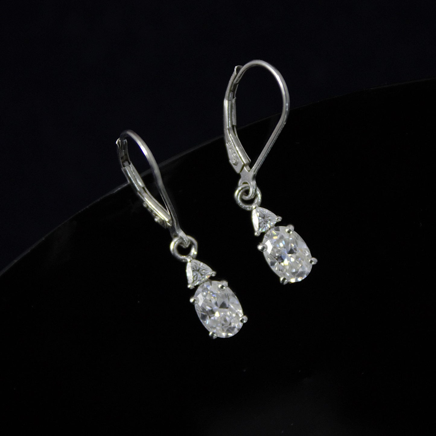 Oval and Trillion Cut Moissanite Earrings, 925 Sterling Silver Lever Back Earrings, Vintage Style Minimalist Earrings, White Stone Earrings