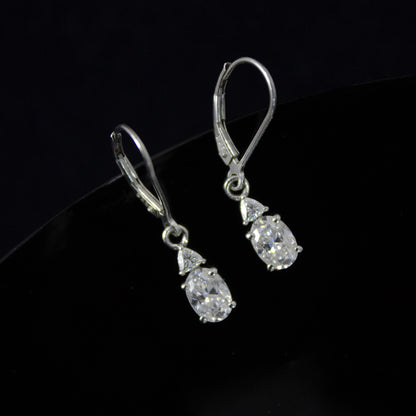 Oval and Trillion Cut Moissanite Earrings, 925 Sterling Silver Lever Back Earrings, Vintage Style Minimalist Earrings, White Stone Earrings