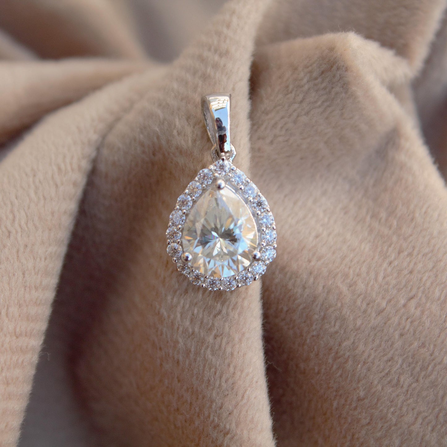Teardrop Solitaire Halo Pendant in 925 Sterling Silver, Moissanite Silver Charm Pendant, Pear Shape Pendant, Minimalist Pendant for Women