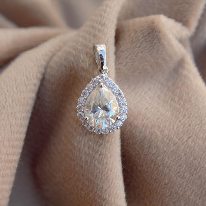 Teardrop Solitaire Halo Pendant in 925 Sterling Silver, Moissanite Silver Charm Pendant, Pear Shape Pendant, Minimalist Pendant for Women